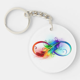Porte-clefs Symbole d'infini avec plume arc-en-ciel
