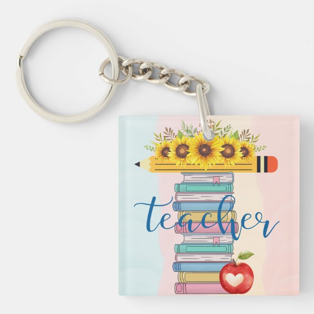 Porte-clefs T est pour enseignant Floral Pencil Livres Apple (Devant)