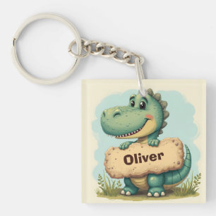 Porte-clefs T-Rex joueur avec enseigne de nom en pierre