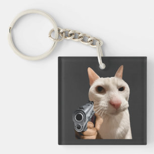 Porte-clefs T-shirt Mème Drôle Chat Cool Avec Pistolet