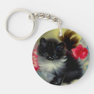 Porte-clefs Tableau vintage de chaton noir et blanc