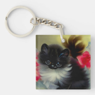 Porte-clefs Tableau vintage de chaton noir et blanc
