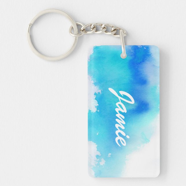 Porte-clefs Tache bleue, peint à la main abstrait d'aquarelle (Devant)