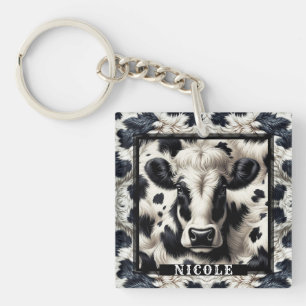 Porte-clefs Taches de vache noir et blanc pelucheux