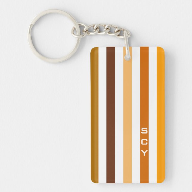 Porte-clefs Tan Brown Orange Vertical Stripes Monogramme (Devant)