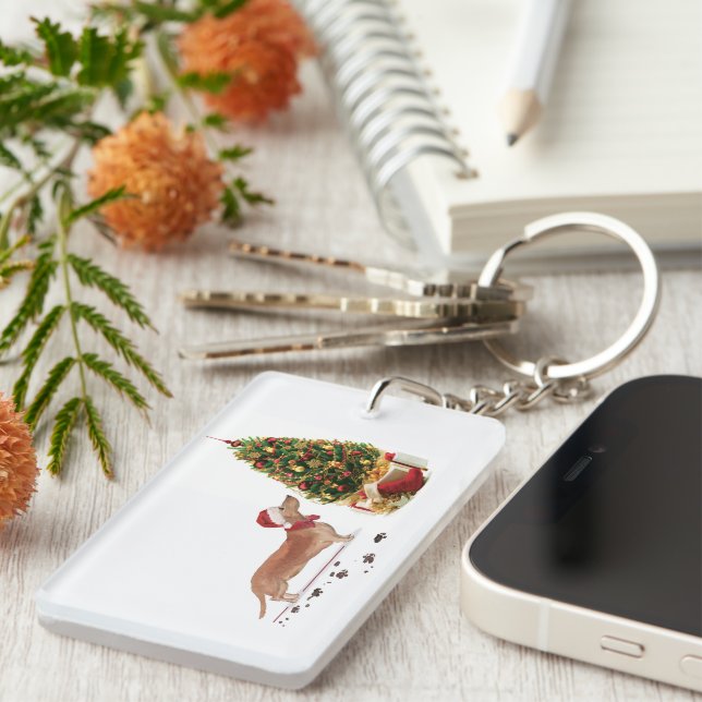 Porte-clefs Tan Dachshund Funny Chien de Noël avec arbre (Devant droit)