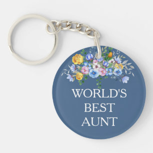 Porte-clefs Tante la meilleure du monde Fleurs bleues jaunes v