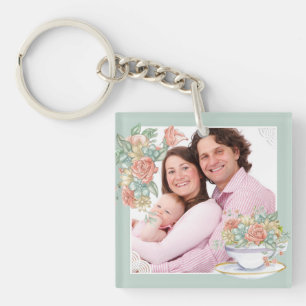 Porte-clefs Tasse à thé florale aquarelle photo personnalisée
