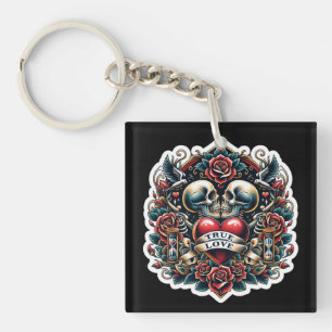 Porte-clefs Tatouage de cœur squelette du véritable amour