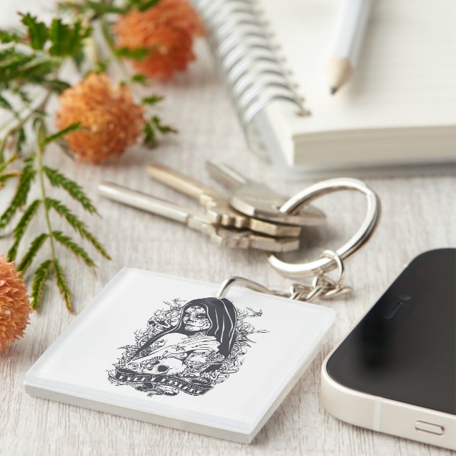 Porte-clefs Tatouage de femme à la tête de mort sucrée gothiqu (Devant Droit)
