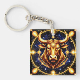 Porte-clefs Taureau doré avec symbole du zodiaque cosmique