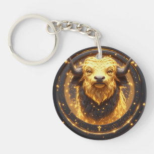 Porte-clefs Taureau doré dans une roue zodiacale circulaire