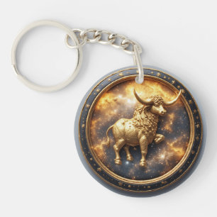 Porte-clefs Taureau doré dans une roue zodiacale circulaire