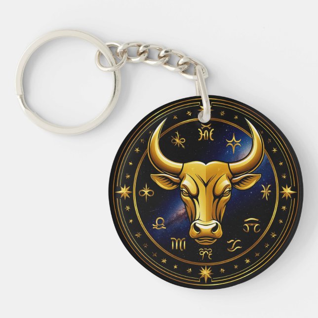 Porte-clefs Taureau doré en or dans une roue zodiacale circula (Devant)
