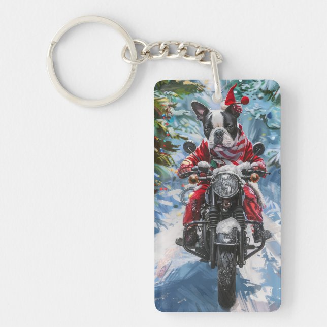 Porte-clefs Tchiens de Boston Terrier à moto Noël (Devant)