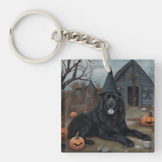 Porte-clefs Terre-Neuve Citrouille Halloween effroi (Devant)