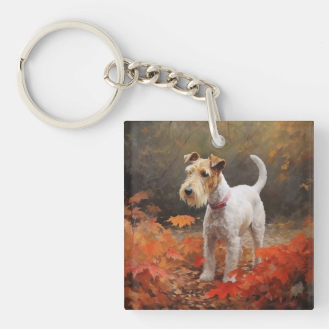 Porte-clefs Terrier Wirefox dans les feuilles d'automne chute  (Devant)
