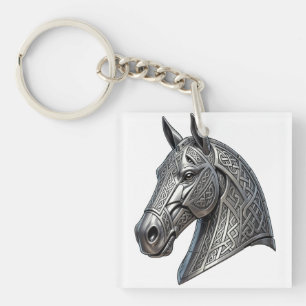 Porte-clefs Tête de cheval argentée celtique majestueuse avec