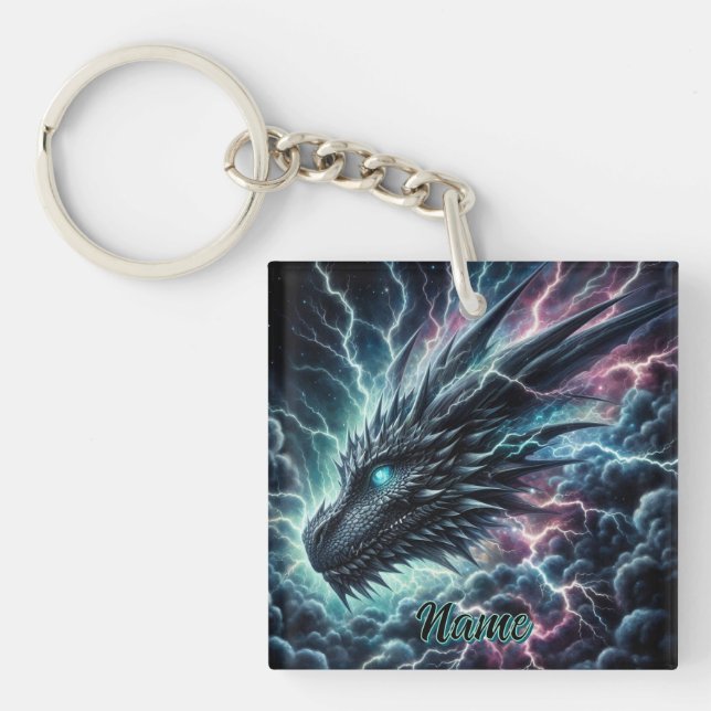 Porte-clefs Tête de dragon dans un orage avec éclairs (Devant)