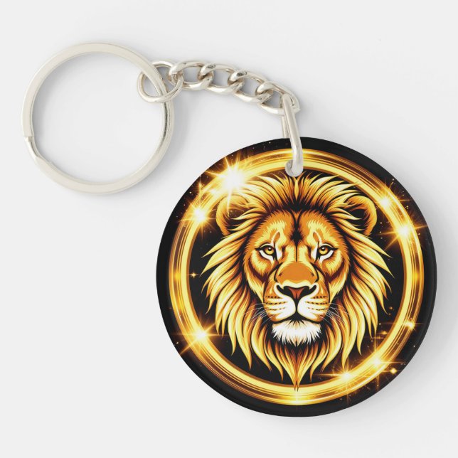 Porte-clefs Tête de Lion Doré avec Éclat Radiante (Devant)
