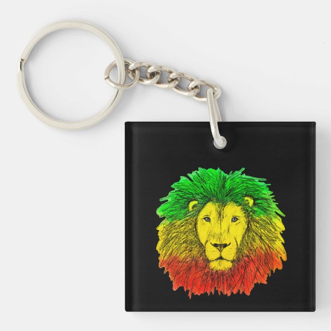 Porte-clefs Tête de lion Rasta rouge jaune vert dessin Jamaïqu (Devant)