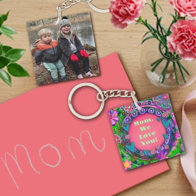 Porte-clefs Texte customisé Photo Joli rose Floral Maman (Créateur téléchargé)