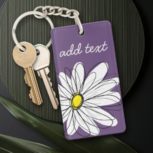 Porte-clefs Texte personnalisé marguerite mauve et jaune