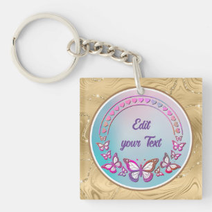 Porte-clefs Texte personnalisé, papillons et monogramme de cœu