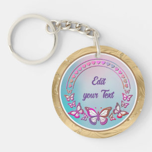 Porte-clefs Texte personnalisé, papillons et monogramme de cœu