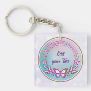 Porte-clefs Texte personnalisé, papillons et monogramme de cœu