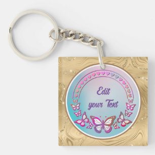 Porte-clefs Texte personnalisé, papillons et monogramme de cœu