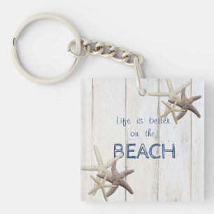 Porte-clefs Texture de bois adorable, étoile de mer, plage