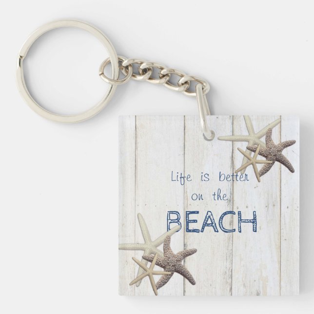 Porte-clefs Texture de bois adorable, étoile de mer, plage (Devant)