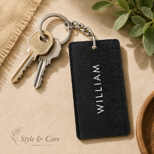 Porte-clefs Texture en cuir noir élégant avec nom personnalisé