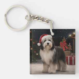 Porte-clefs Tibétain Terrier Chien dans la neige Noël