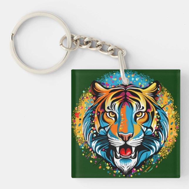 Porte-clefs Tiger Head Rainbow colors paint stains (Devant)