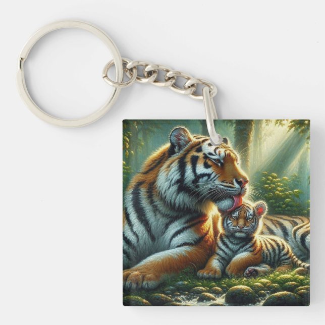 Porte-clefs Tigers dans la peinture sur forêt éclairée (Devant)