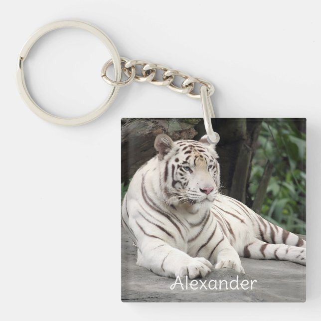 Porte-clefs Tigre Blanc Bengale Allongé Sur Le Rocher (Devant)