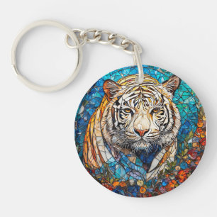 Porte-clefs Tigre blanc dans un motif circulaire vibrant