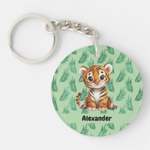 Porte-clefs Tigre de dessin mignon sur Feuilles tropicaux