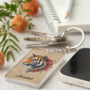 Porte-clefs Tigre de Steampunk avec illustration Rose
