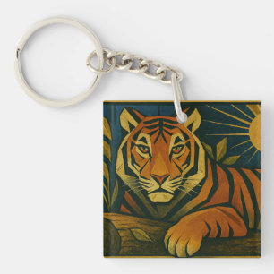 Porte-clefs Tigre stylisé dans le cadre ornemental Sunburst