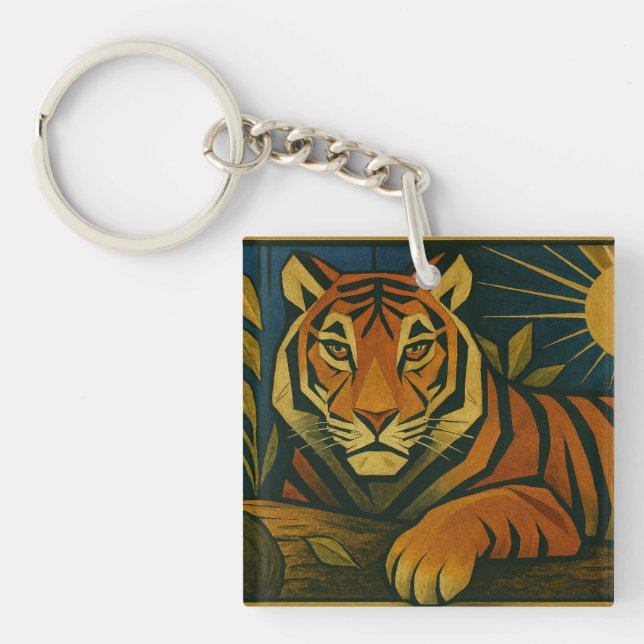 Porte-clefs Tigre stylisé dans le cadre ornemental Sunburst (Devant)