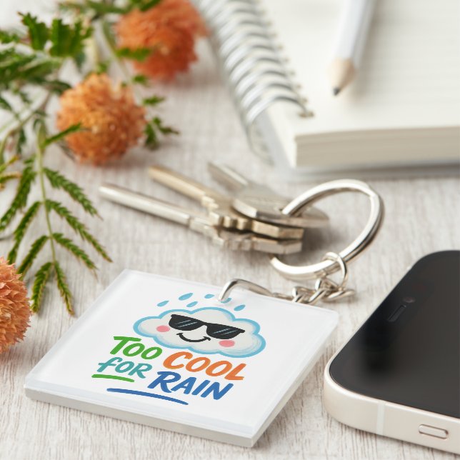 Porte-clefs Too Cool for Rain | Cute Cloud Square Keychain (Devant Droit)