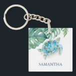 Porte-clefs Tortue de mer tropicale personnalisée<br><div class="desc">Ce modèle de chaîne à clés tropicales bon marché présente votre nom en bleu marine, complété par une bordure supérieure avec une tortue de mer d'origine aquarelle et des feuilles de palmiers monstères de Victoria Grigaliunas. Parfait pour ajouter une touche côtière à vos clés, cette chaîne de clé personnalisée fait...</div>