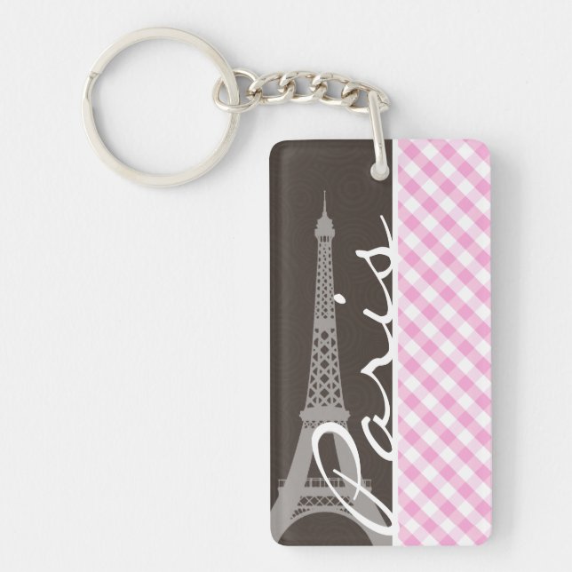 Porte-clefs Tour Eiffel Brown et plaid rose (Devant)