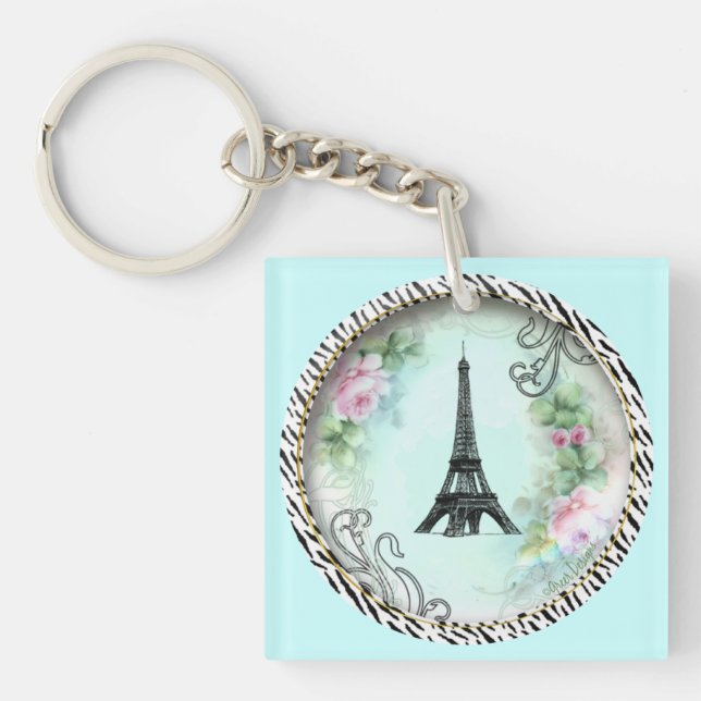 Porte-clefs Tour Eiffel et roses roses (Devant)