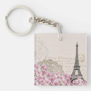 Porte-clefs Tour Eiffel Paris Carré Rose Vintage Art