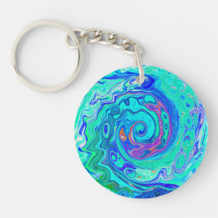 Porte-clefs Tourbillon Liquide Bleu et Vert Groovy Abstrait Oc
