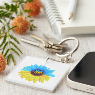 Porte-clefs Tournesol aquarelle Ukraine drapeau bleu jaune